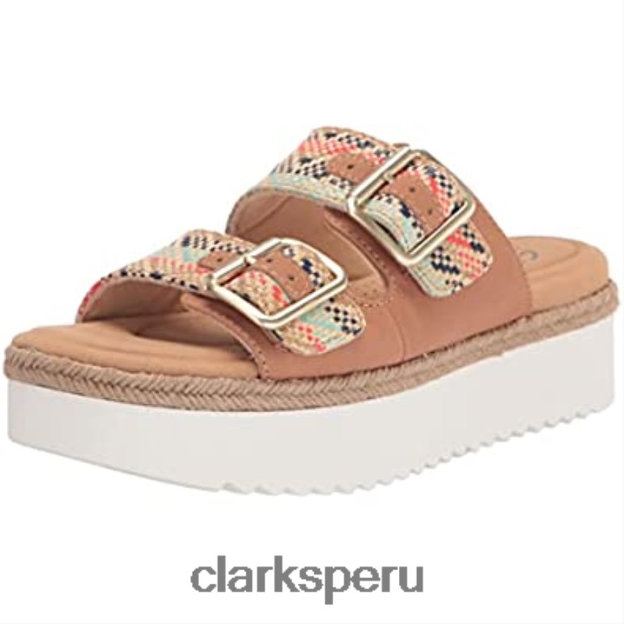Sandalia tipo chancla Lana Beach para mujer, piel color canela natural, textil combi clarks mujer Clarks 40N4LX2806 Combinación textil de cuero marrón natural.