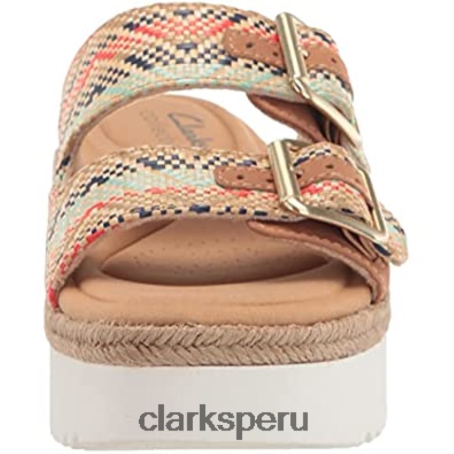 Sandalia tipo chancla Lana Beach para mujer, piel color canela natural, textil combi clarks mujer Clarks 40N4LX2806 Combinación textil de cuero marrón natural.